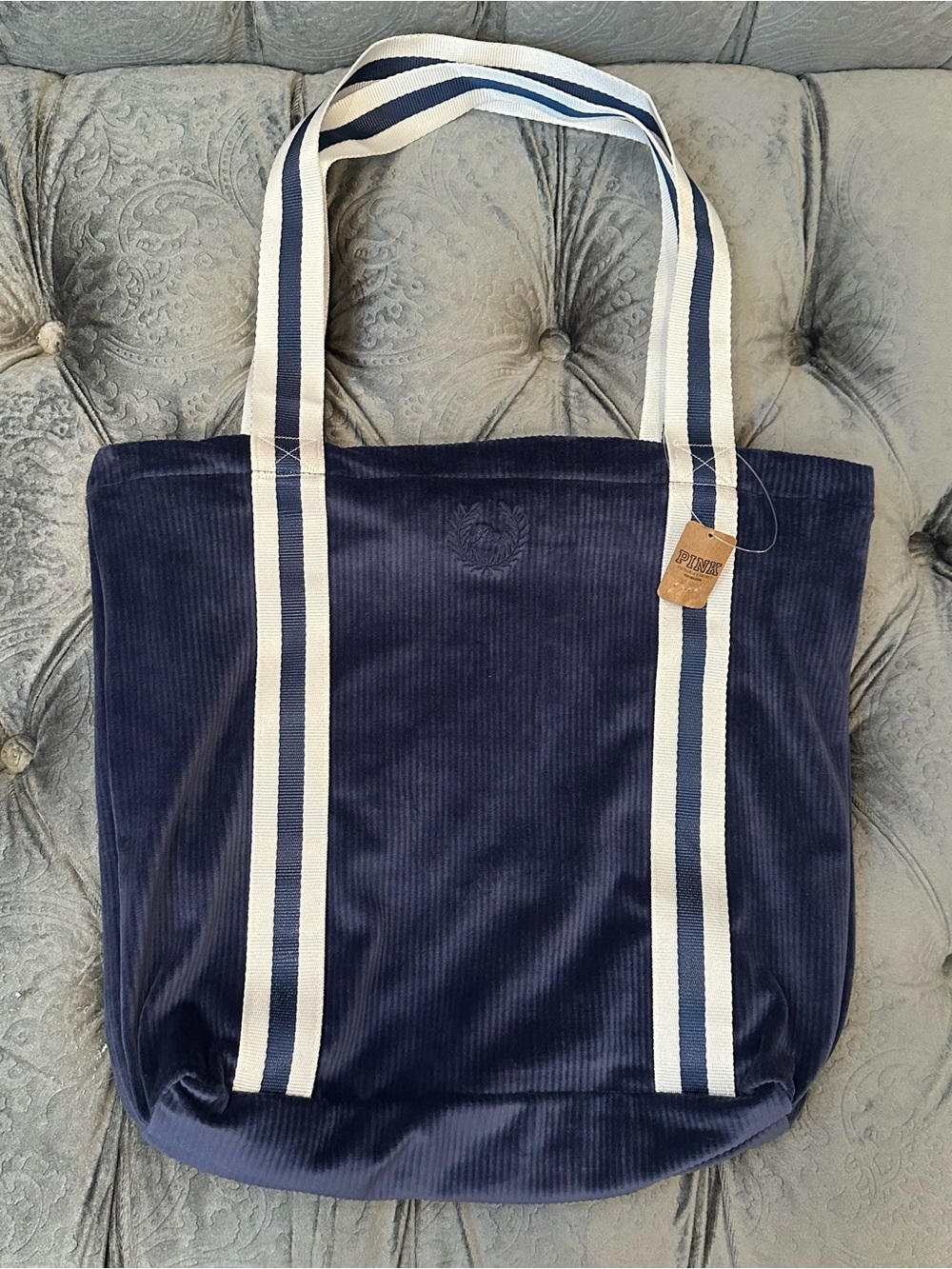 NWT PINK Victoria’s Secret Navy Corduroy Tote Bag with Striped Handles